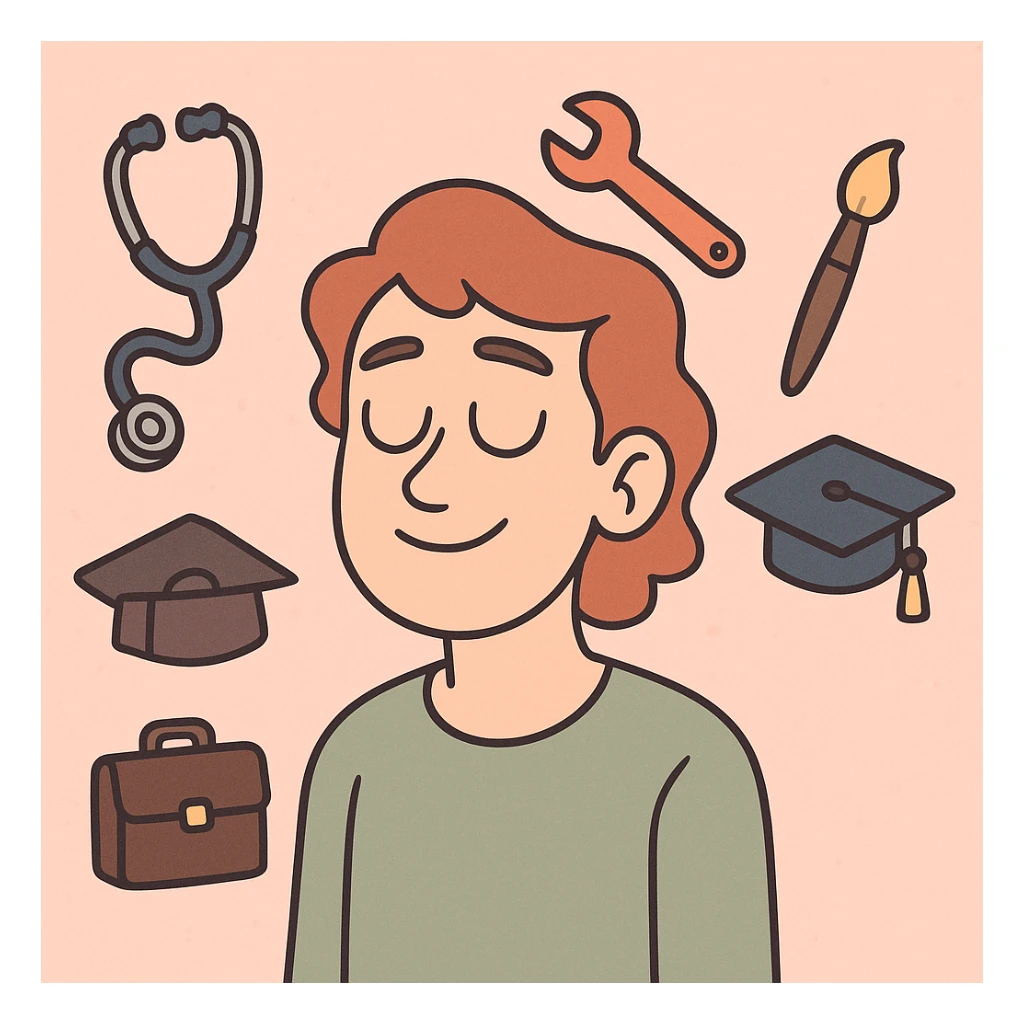 a person with closed eyes, surrounded by floating symbols of different professions, soft pastel colors, gentle mood, flat toon style sticker