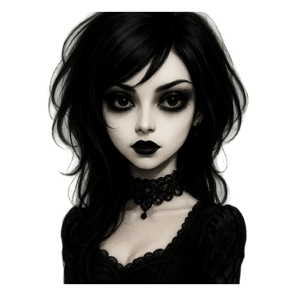emo girl with a heart-shaped face, gothic style, mysterious and elegant, dark hair, expressive eyes sticker