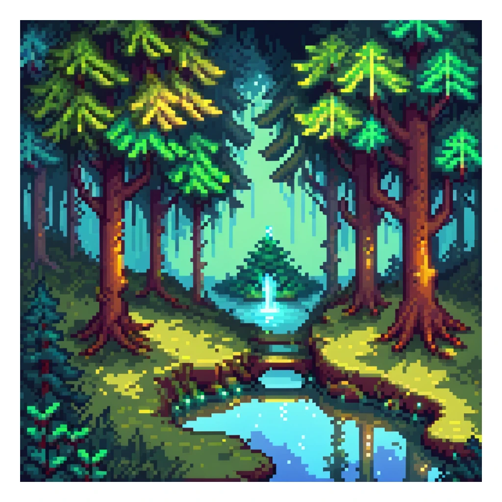 Magical forest with glowing trees and a hidden lake sticker