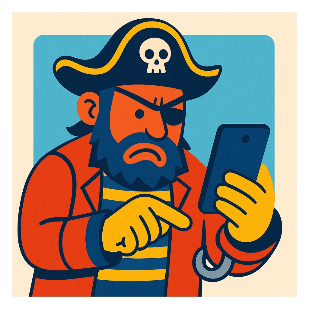colorful comic style pirate with a hook hand poking at a smartphone, frustrated sticker