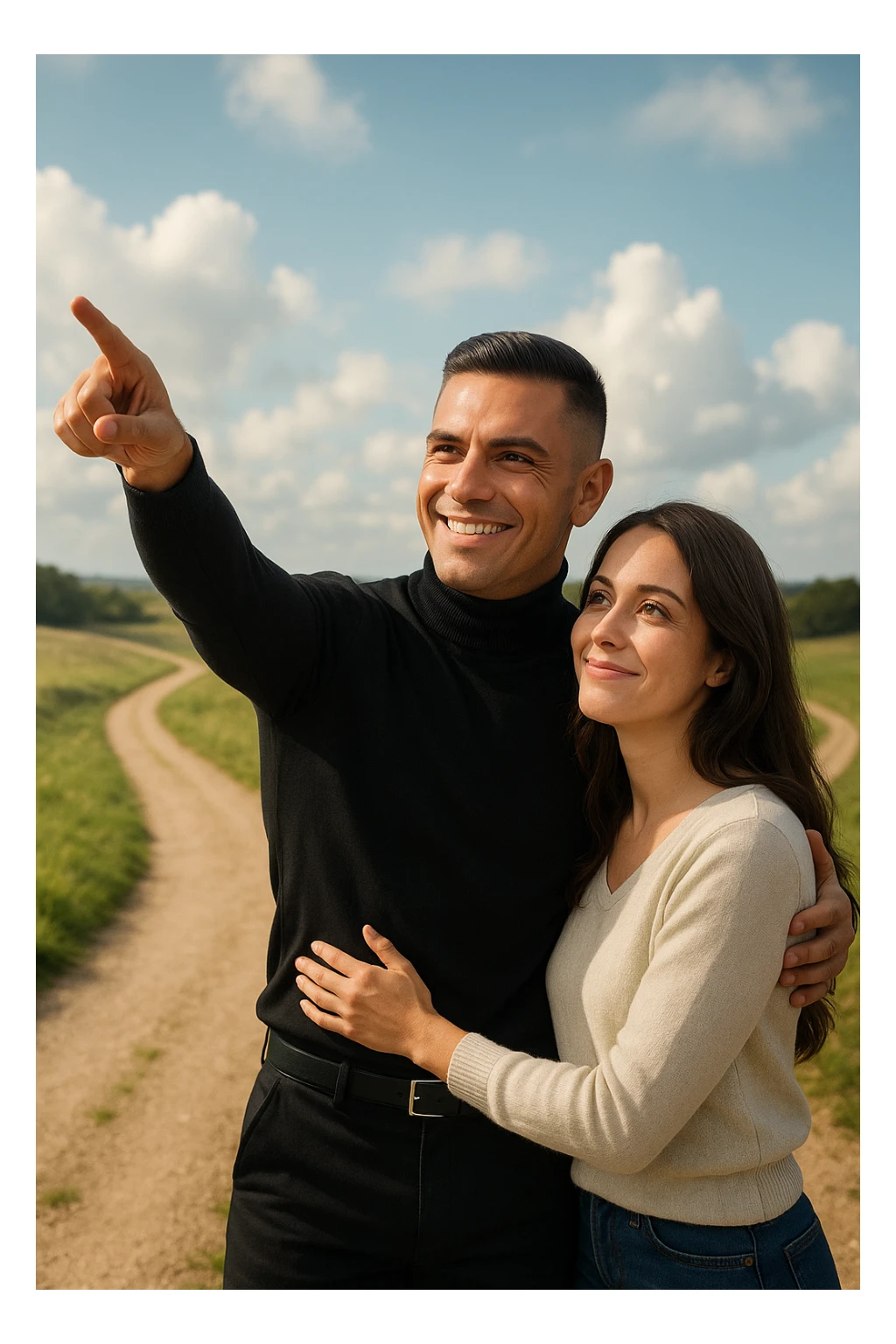 a couple stands at a crossroads, the man pointing confidently toward a direction while the woman looks at him with trust and optimism. Both are illuminated by soft, uplifting light, representing faith in each other’s strengths and the positive outcomes of working together. sticker