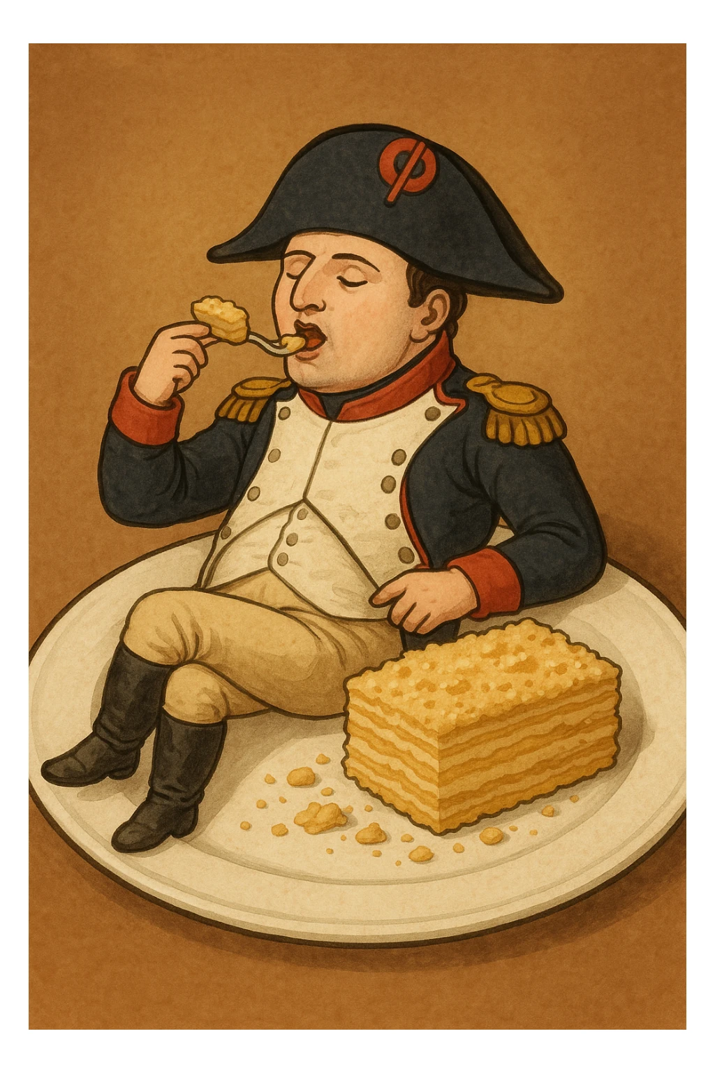 Сгенерируй мне тарелку, на которой лежит наполеон бонапарт, и кладет себе в рот кусочек торта наполеон sticker