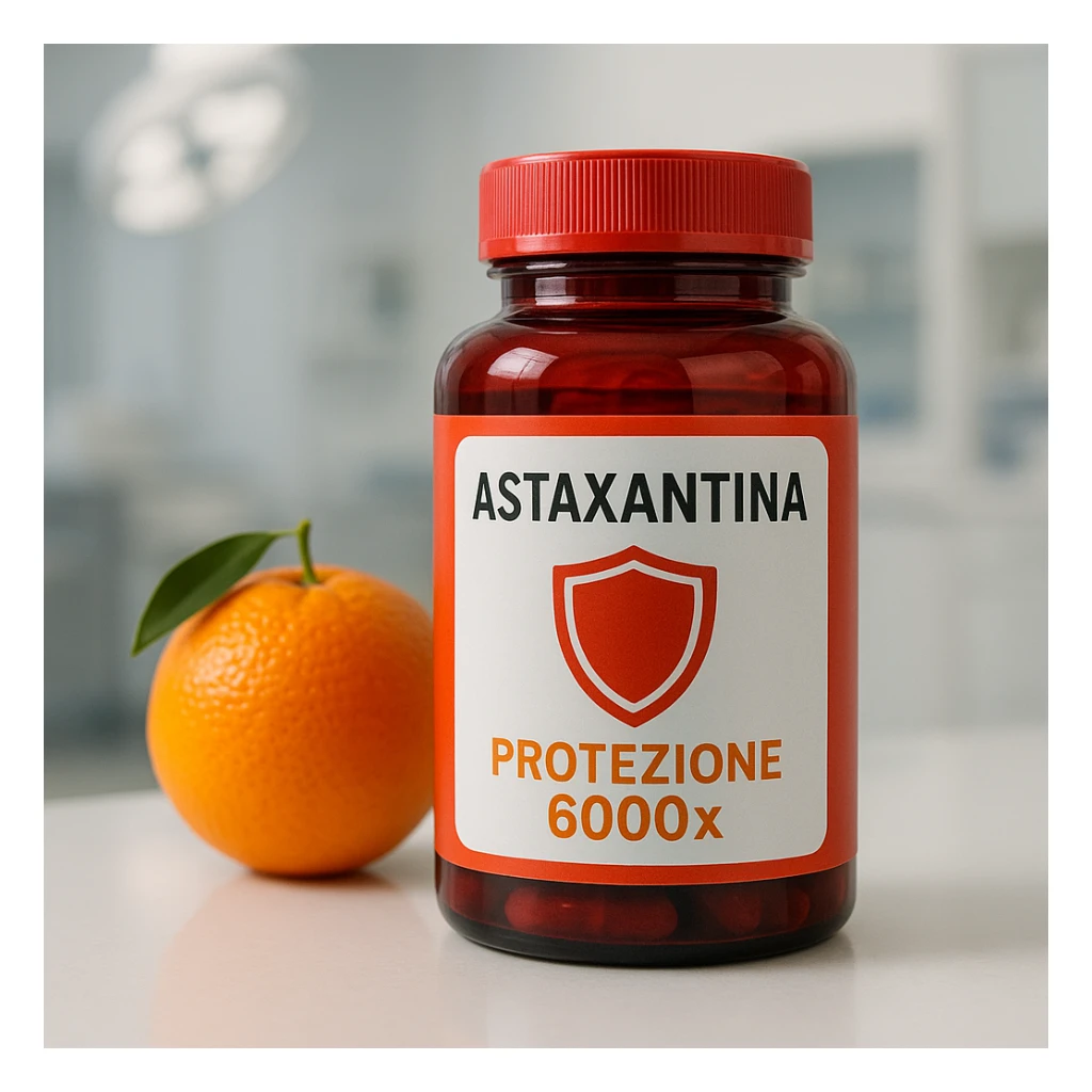 hyper realistic astaxanthin with shield symbol and orange, red bottle, text 'Protezione 6000x', clinical atmosphere, realistic details sticker