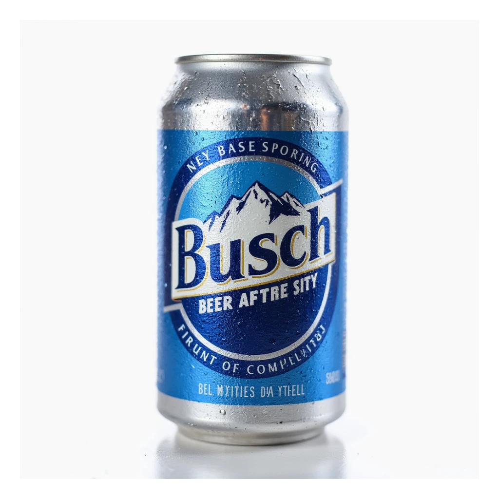 a can of Busch beer, realistic style, blue and silver colors, condensation on the can, mountain landscape on the label sticker