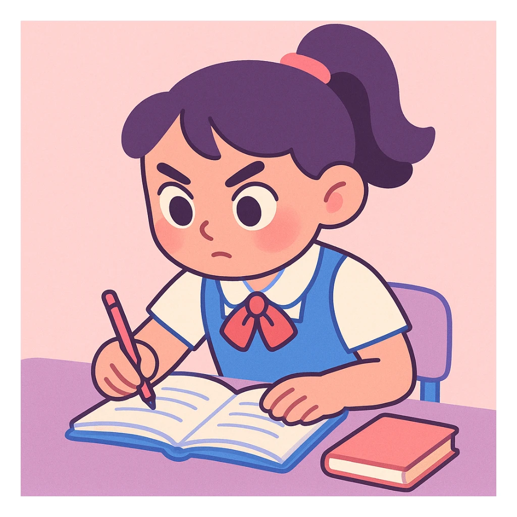 school girl in uniform studying, focused expression, soft pastel colors, gentle lighting sticker