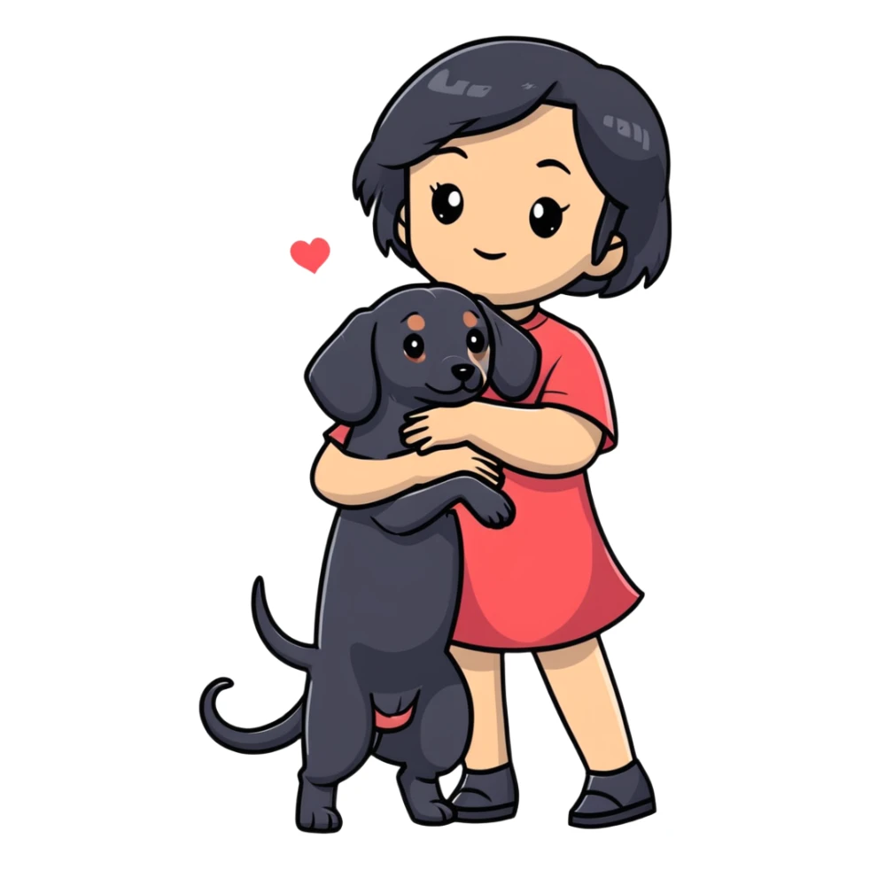 black hair asian girl hugging black dachshund sticker