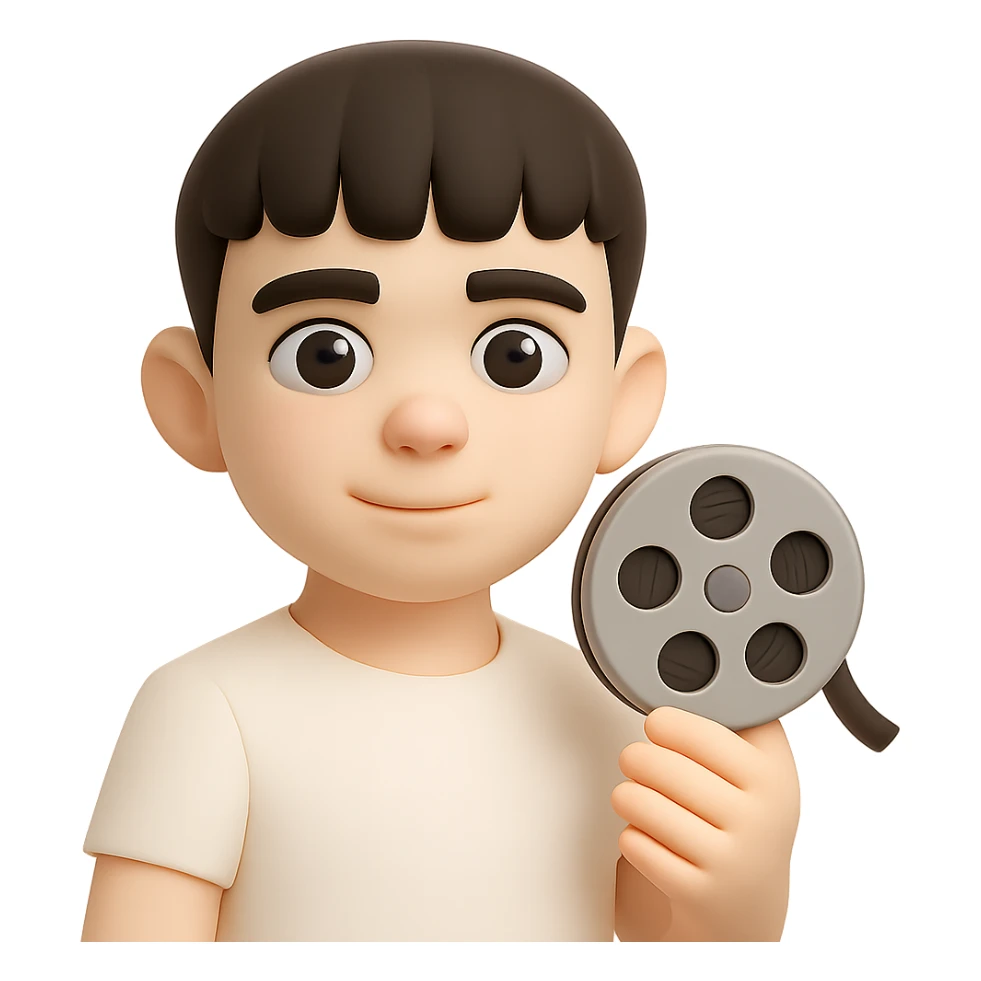 Make the character's skin tone lighter while keeping the same 3D cartoon style. Keep the film reel and white shirt as they are. Preserve the transparent background. The style should resemble a 3D fluent emoji style with a cartoonish look. sticker