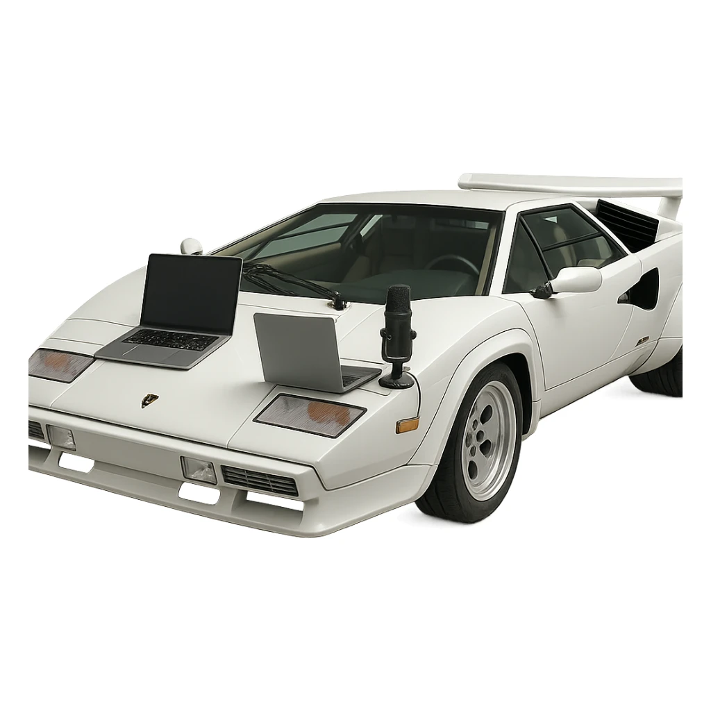 Lamborghini Countach with a laptop and recording microphone on the hood sticker