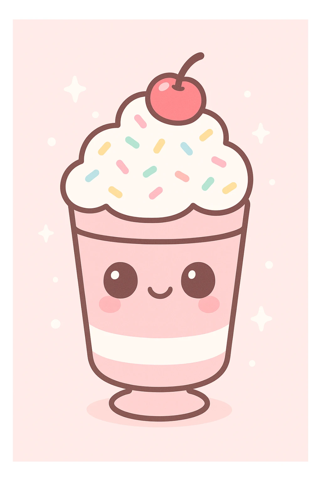 kawaii style milkshake with a happy face, whipped cream, sprinkles, cherry on top, pastel pink and white colors sticker