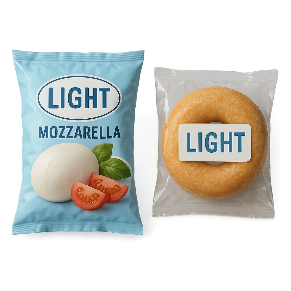 PACCHTTO DI MOZZARELLA LIGHT CON LA SCRITTA "LIGHT" SULLA CONFEZIONE, ACCANTO AD UN DONUT CONFEZIONATO CON LA SCRITTA "LIGHT" SULL'ETICHETTA,  iperrealistico 4k sticker