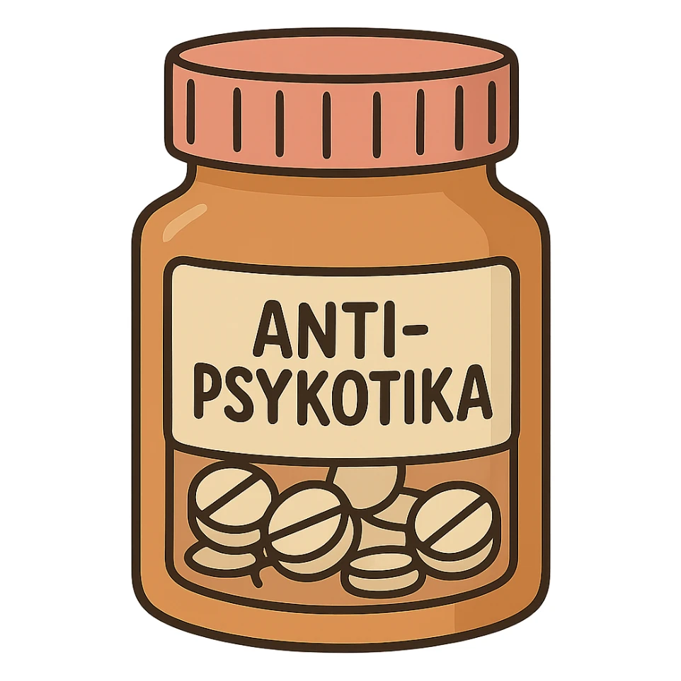 cartoon style pill bottle labeled 'Antipsykotika', no face, arms, or legs sticker