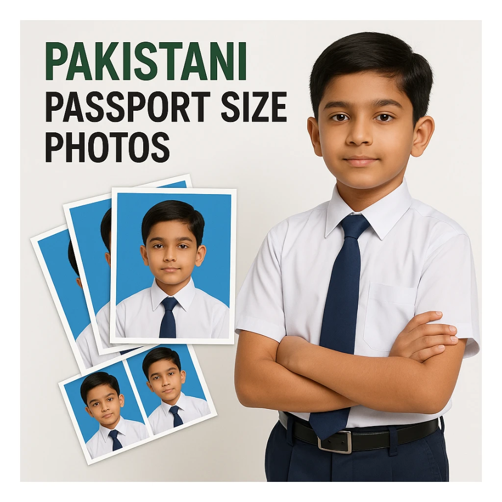 realistic thumbnail for a Pakistani passport size photo print out service, showing a Pakistani schoolboy in uniform standing next to a fan-shaped collage of his passport size photos with blue backgrounds, on a clean white background sticker
