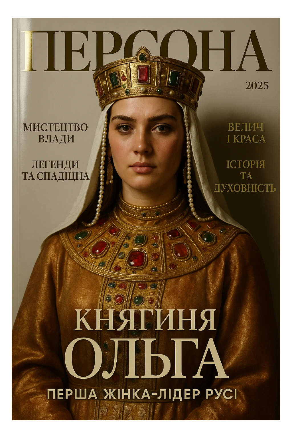 Create a glamorous, ultra-realistic magazine cover titled "Персона"
The cover features Princess Olga from the downloaded image.
The cover design should be bright with elegant typography.
Add the title: "Княгиня Ольга", the subtitle: "Перша жінка-лідер Русі", and the release date: "2025".
Include additional subheadings and a well-thought-out layout.
Premium lighting, dramatic shadows, rich colour correction, glossy paper texture, minimalist background, focus on the character and typography in the spirit of glossy publications. sticker