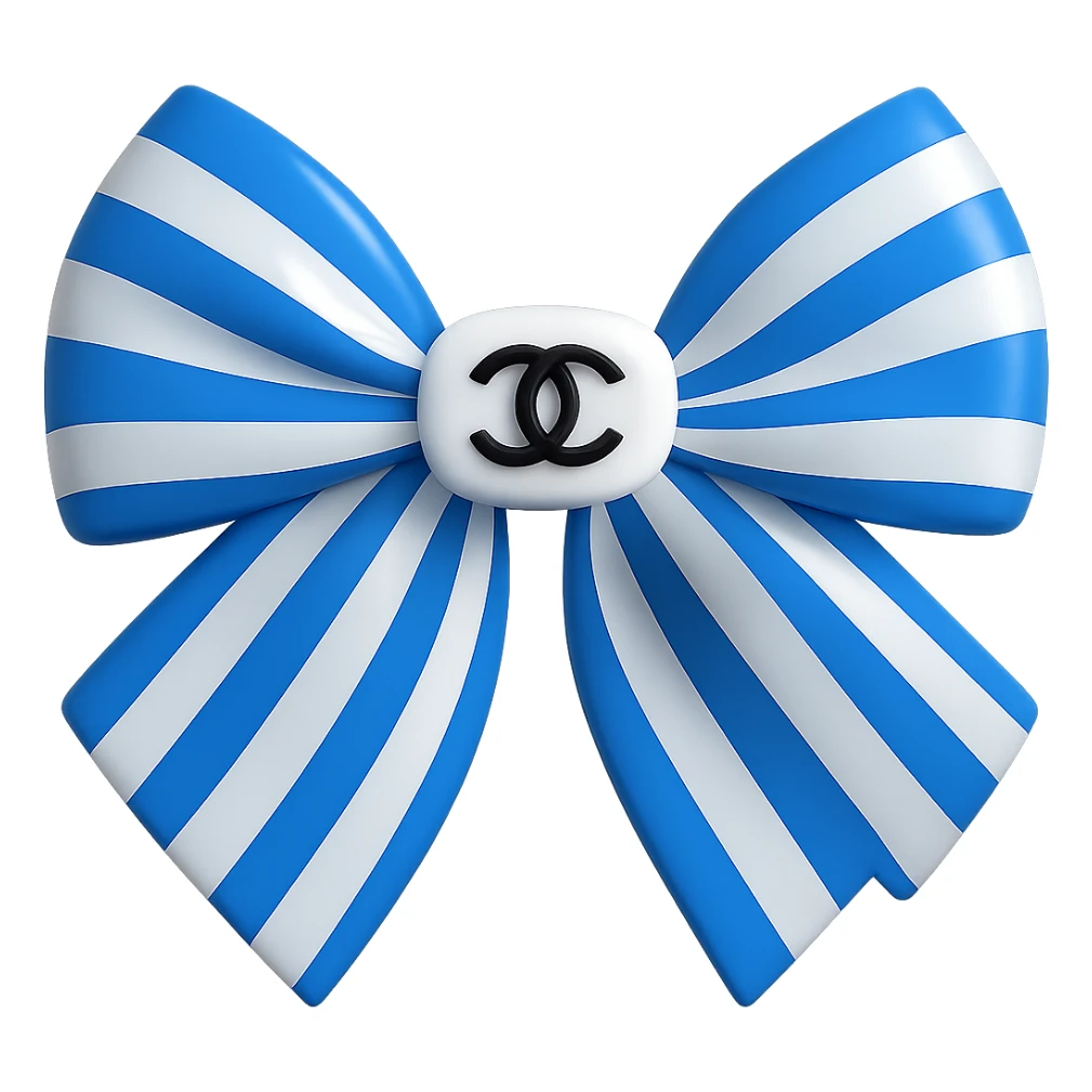 Change the striped bow to blue and white stripes, keep the small white Chanel logo visible, make the bow luxurious and glossy in a 3D emoji style. Remove the background. sticker