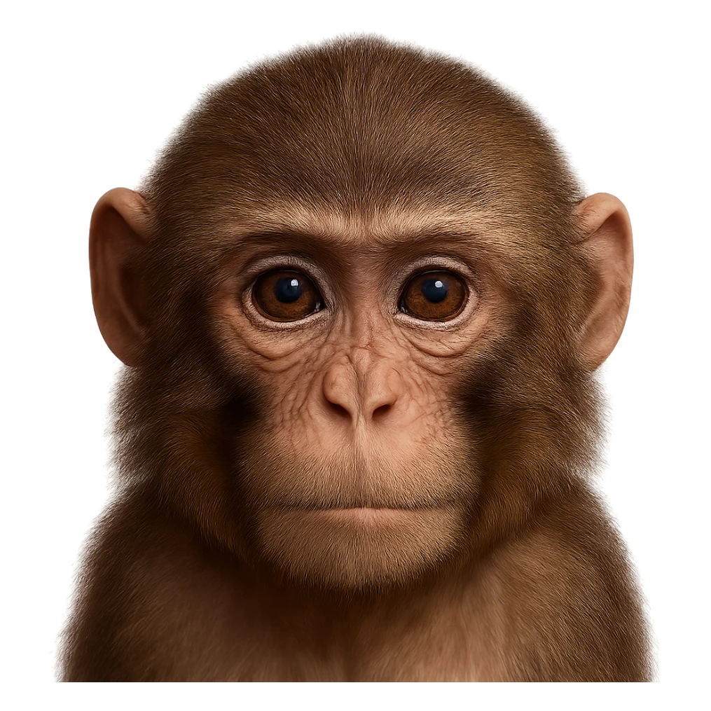 Make the ape more realistic with detailed facial features and fur texture, while keeping the apple emoji style look. Remove the background. sticker