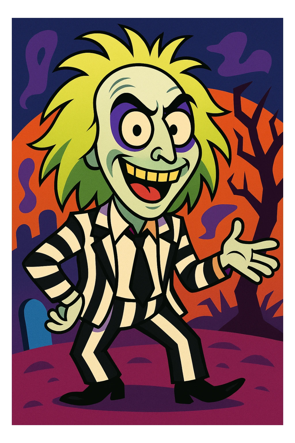 Beetlejuice character, exaggerated features, black and white stripes, spooky but playful, vibrant toon style sticker
