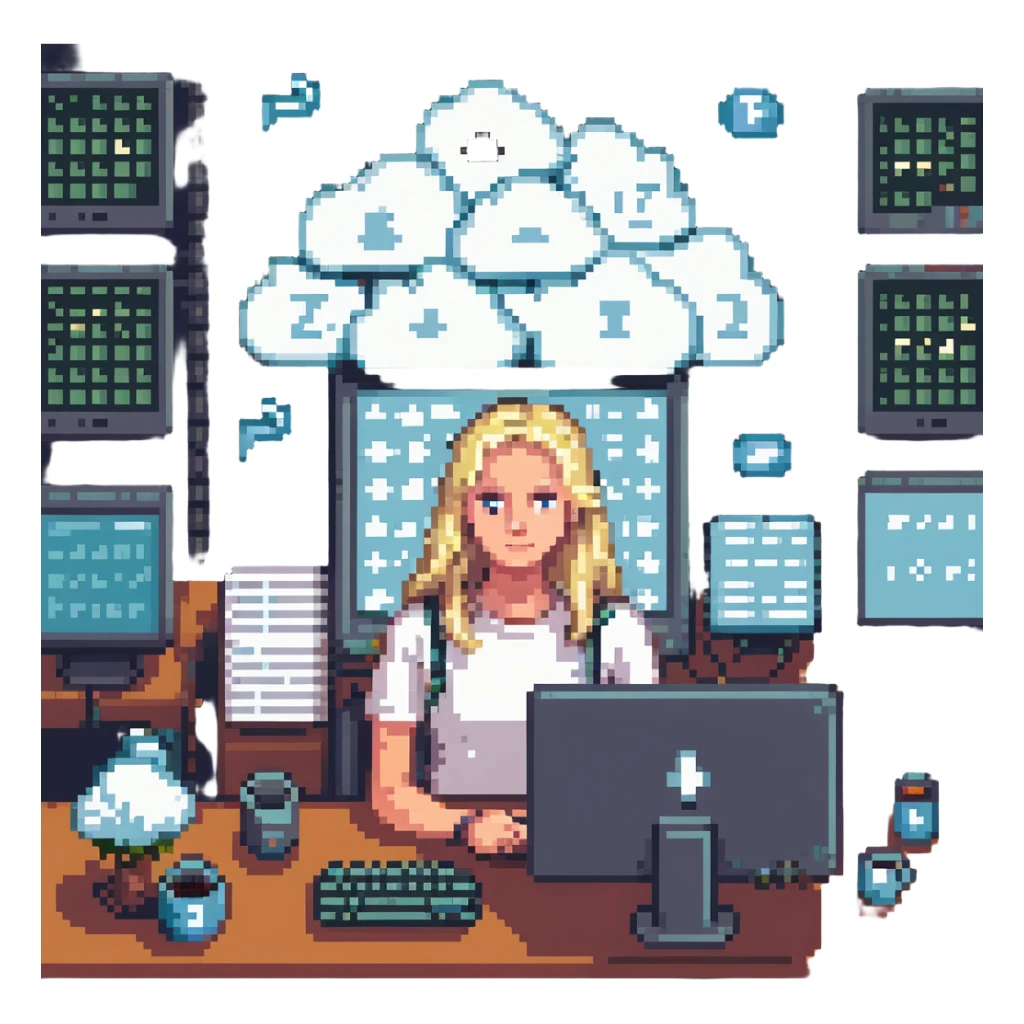 pixel art avatar of young blonde Dutch software engineer, age 28, surrounded by code and cloud symbols sticker