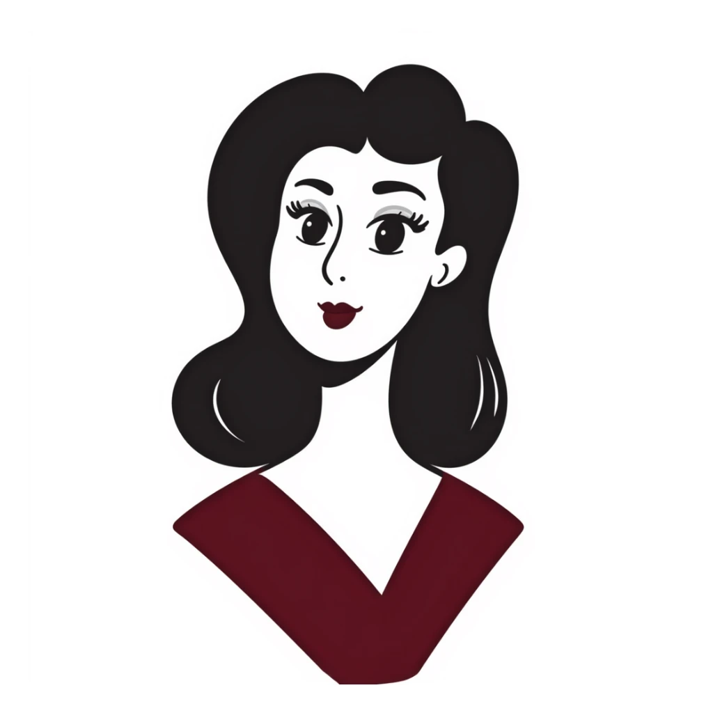 Sophisticated woman in her 30s with bright complexion, defined features, almond eyes with bold eyeliner and notable lashes, medium-thick eyebrows, straight elegant nose, thick bright red lips, voluminous dark straight hair with soft waves at ends, wine red velvet V-neck dress sticker