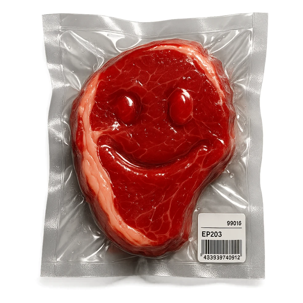 shiny steak, extra glossy and puffy, vacuum-sealed style sticker