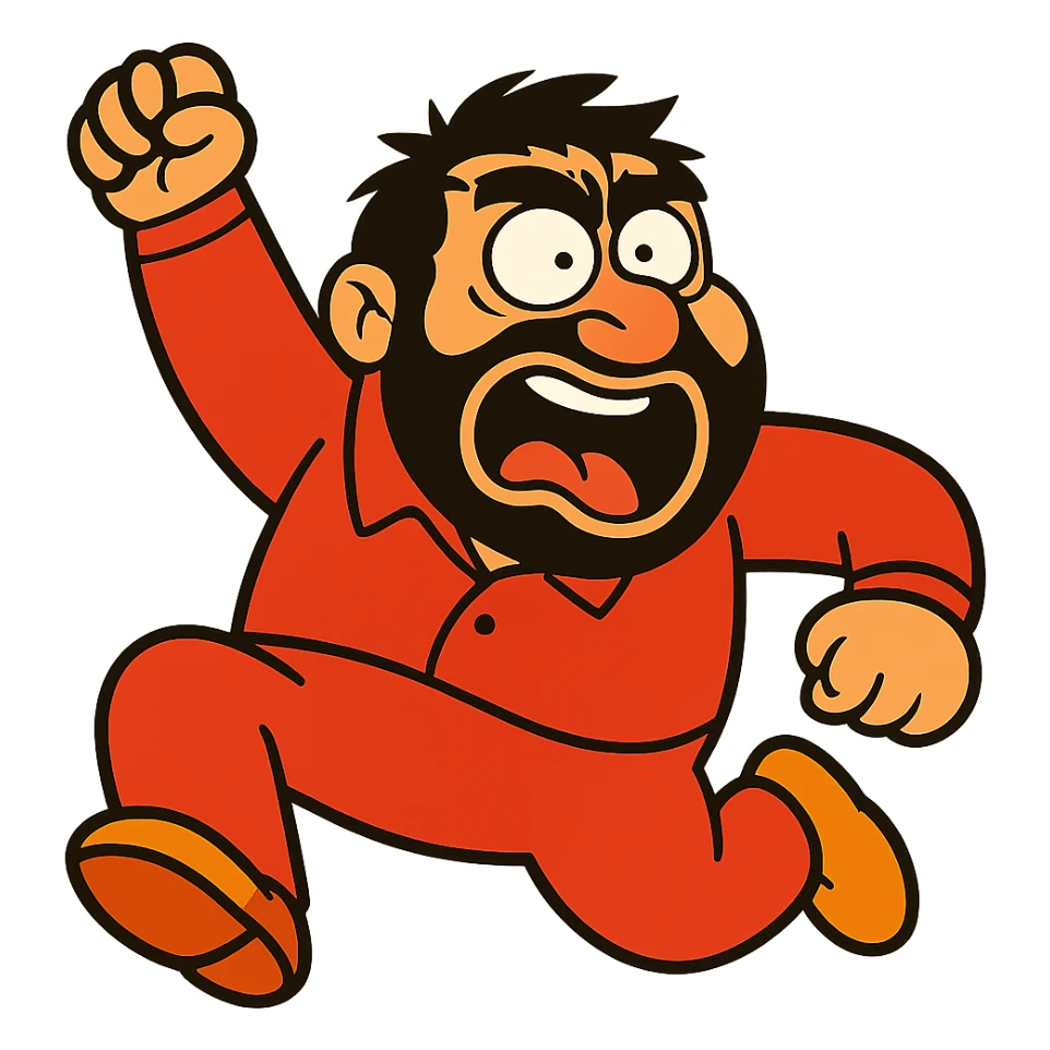 Make Recep İvedik in a much funnier pose with an exaggerated facial expression, wearing a red tracksuit, no background, in vibrant cartoon style. sticker