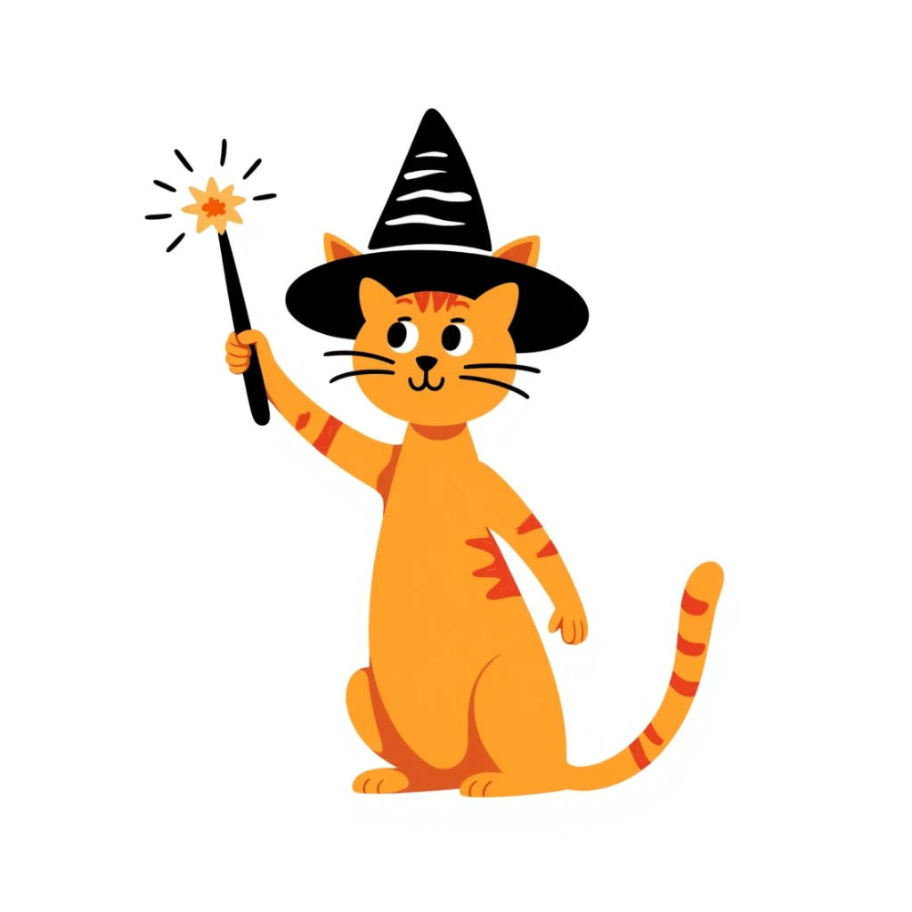 Orange cat wearing a pointy wizard hat and casting a spell with a magic wand sticker