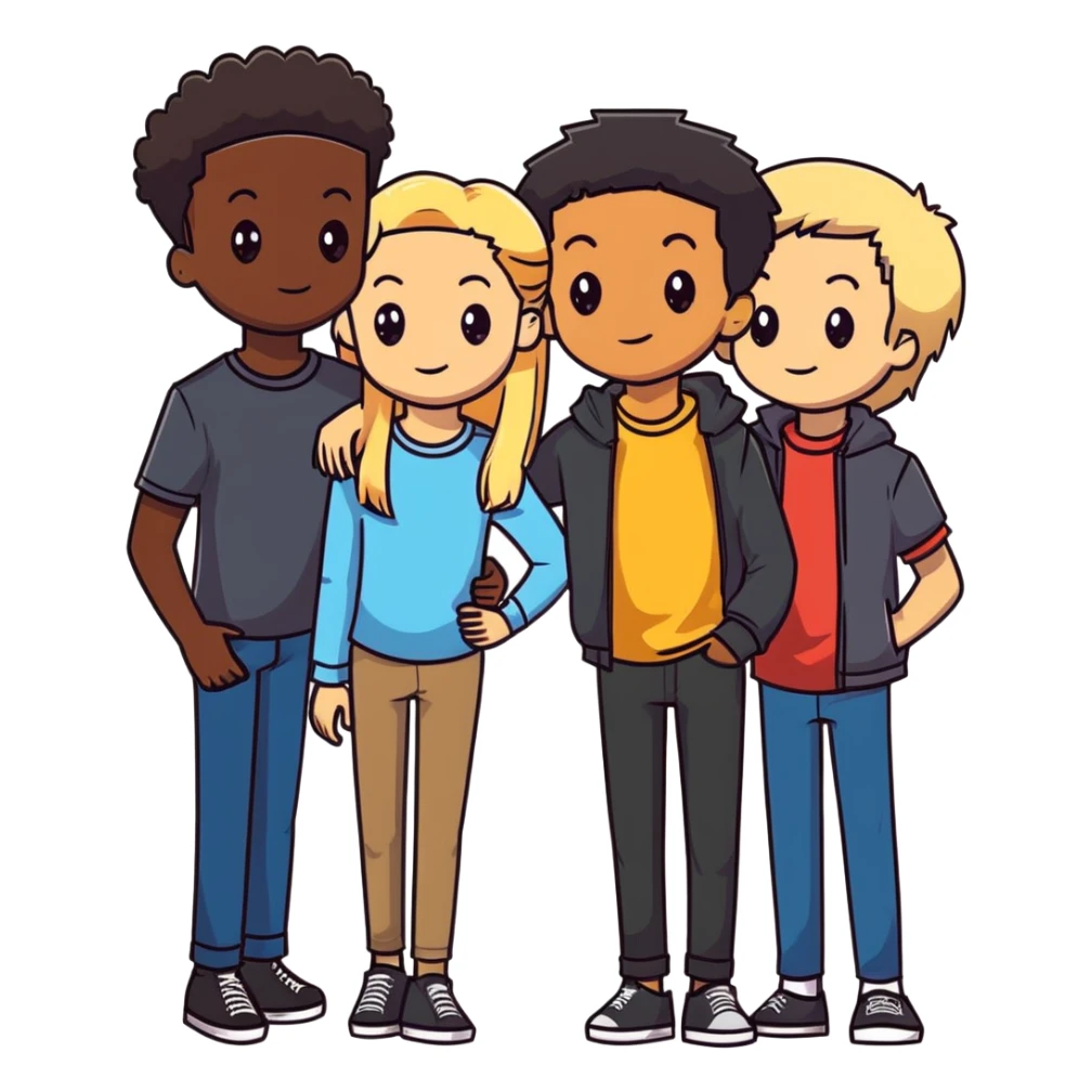Group of diverse friends standing together, including a dark-skinned boy with straight hair, a light-skinned boy with straight blonde hair, a light-skinned girl with straight black hair, a mixed-race girl with straight brown hair, a light-skinned boy with wavy black hair, a mixed-race girl with dark curly hair, and in the center a light-skinned girl with wavy brown hair sticker