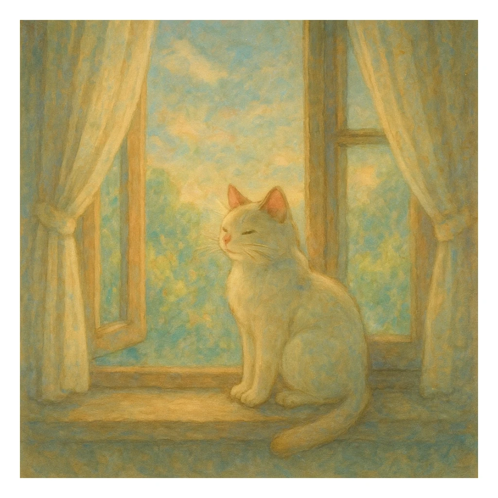 cat sitting on a windowsill, dreamy lighting, soft painterly textures, whimsical and peaceful, Ghibli style sticker