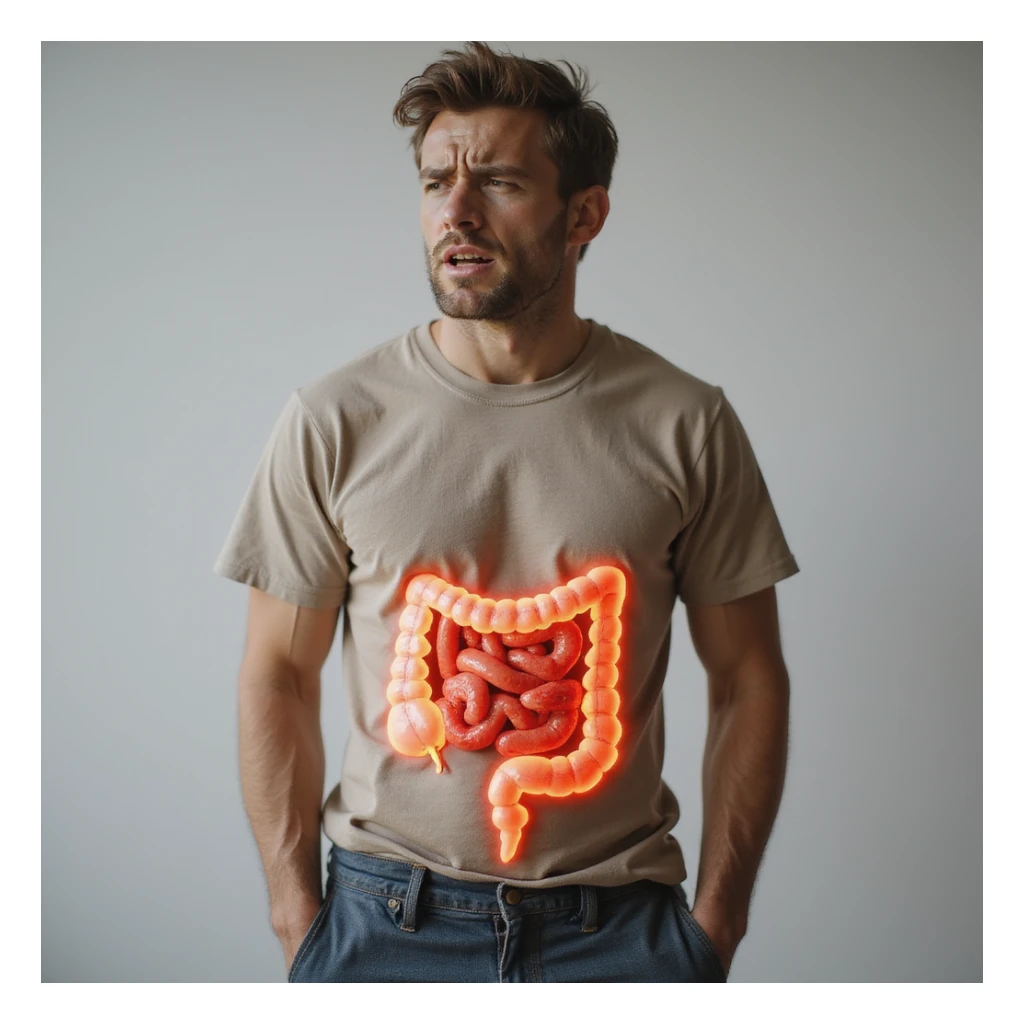 realistic adult man with simple clothing, suffering expression, transparent intestine highlighted with red swollen inflamed areas, symbol of sugar-induced inflammation, reddened skin, atmosphere of discomfort, neutral background, 4K quality sticker
