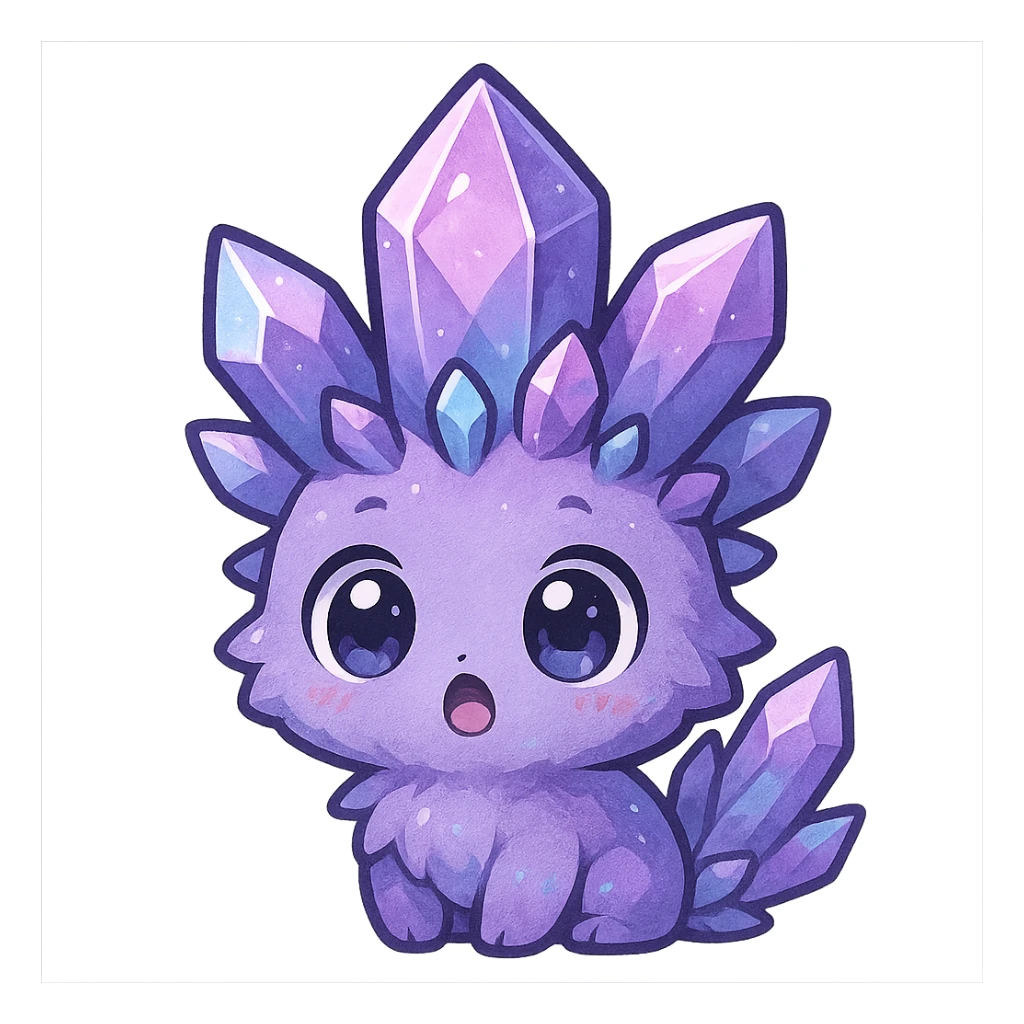 kawaii chibi style crystal sprite creature in purple, blue, and pink with a surprised expression and wide eyes sticker