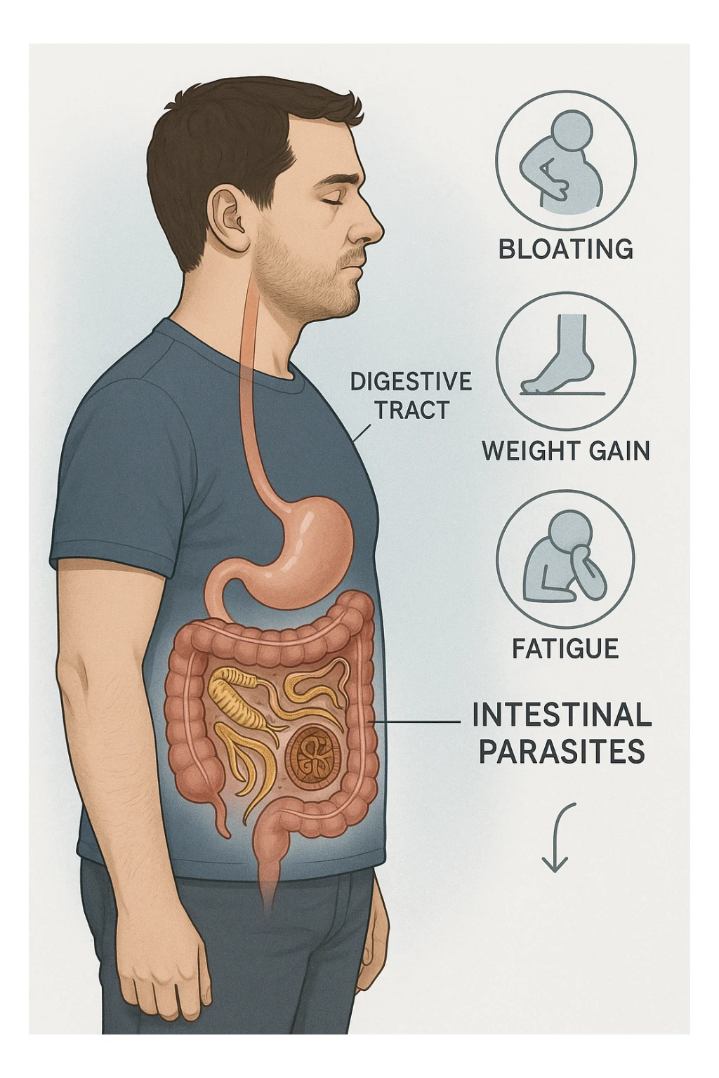 a man stands in profile, with a transparent overlay revealing his digestive tract. Inside his intestines, several enlarged, detailed representations of intestinal parasites are visible. Around the man, subtle arrows or icons indicate symptoms such as bloating, weight gain, and fatigue. The background is clinical and educational, with clear labels for anatomy and parasites. sticker