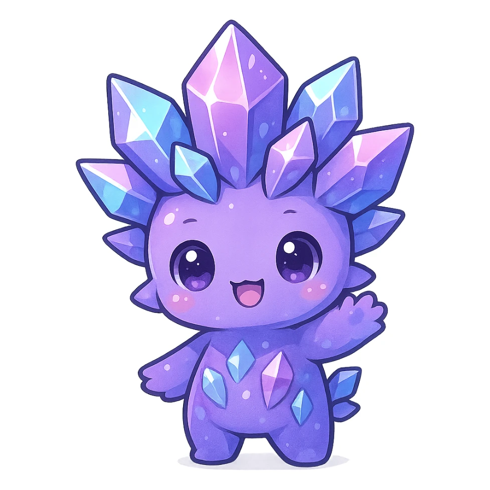 kawaii chibi style crystal sprite creature, purple, blue, and pink, waving pose, shiny crystals sticker