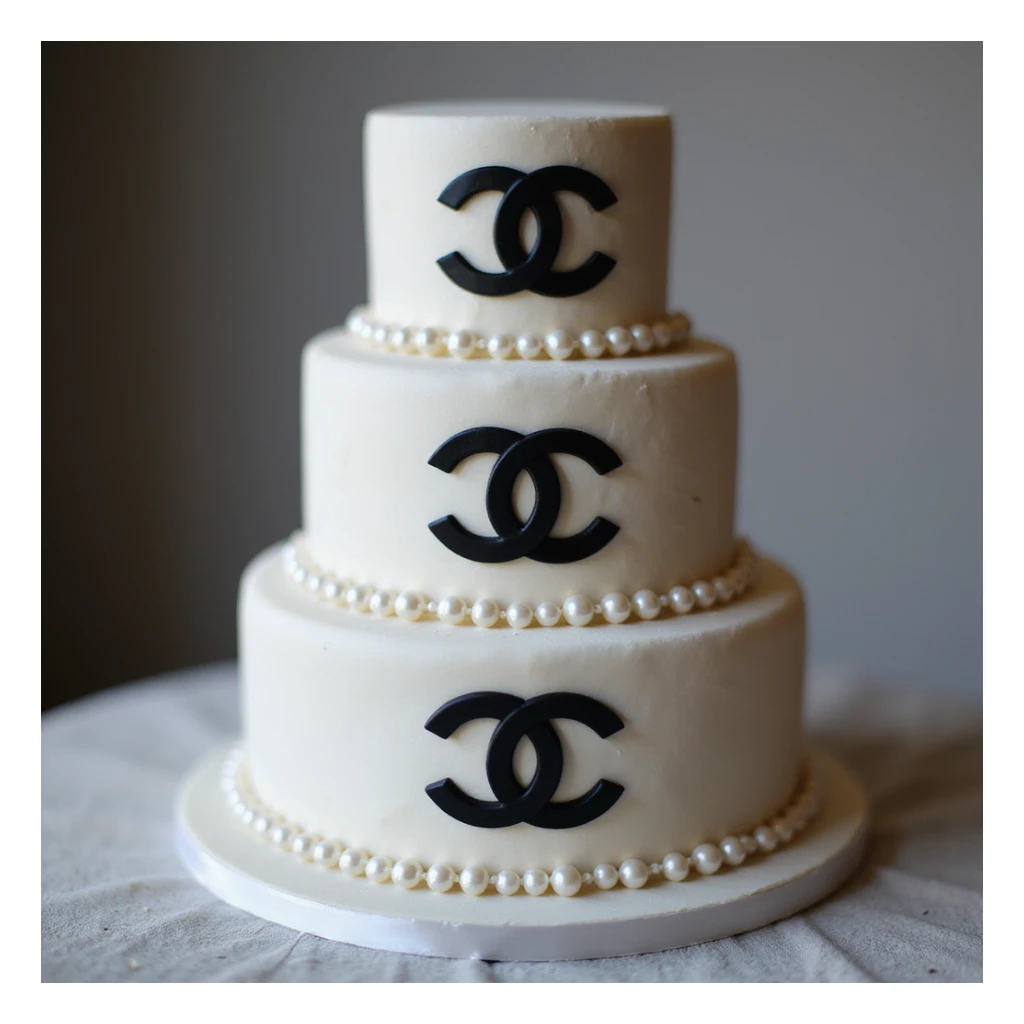 photorealistic tiered cake with Chanel logo patterns, pearls, and elegant black and white fondant, no background sticker