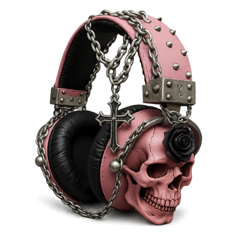 Add a silver chain, a gothic cross, and a black rose brooch to the realistic pink gothic headphones with sculpted skulls, leather texture, and silver studs. Keep the background transparent. Maintain the realistic pink gothic style with leather and silver details. sticker