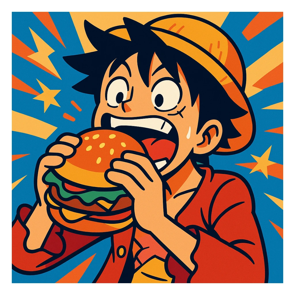 Luffy from One Piece eating a burger, vibrant, energetic, anime style sticker