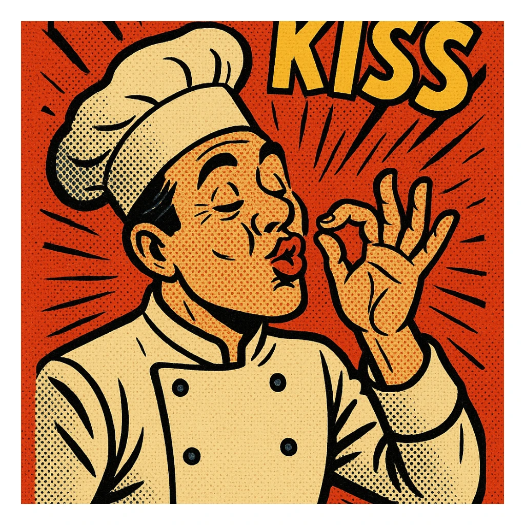chef in white hat, exaggerated kiss, comic style, vibrant colors sticker