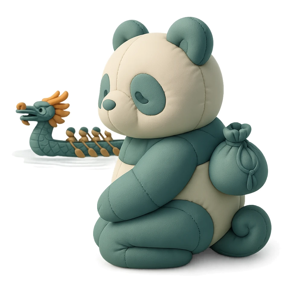 背着青绿色香囊的小熊猫，跪坐在河边看龙舟，尾巴卷卷可见，柔和蓝绿色调，cushion风格 sticker