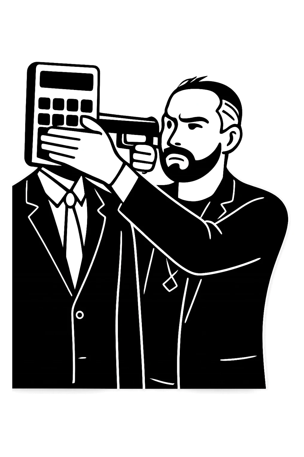 Используя такую стилистику и точно такого же героя, ему приставил к виску пистолет, а другой рукой закрывает рот фигура, у которого вместо головы калькулятор, прозрачный фон sticker