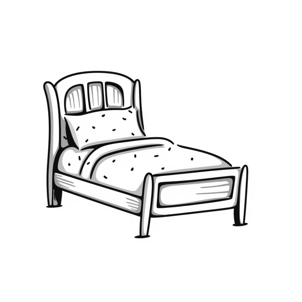a bed, classic wooden frame, hand-drawn doodle style sticker