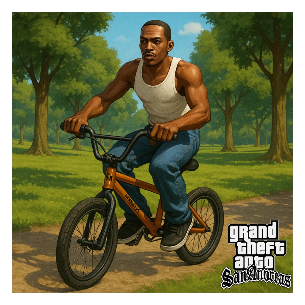 CJ from GTA San Andreas riding a BMX in a park background sticker