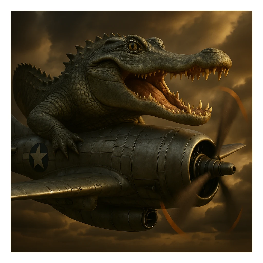Create a single, realistic, metallic bomber plane that merges lifelike crocodile features with classic bomber plane elements. Include detailed textures and dramatic lighting in a photorealistic style. sticker