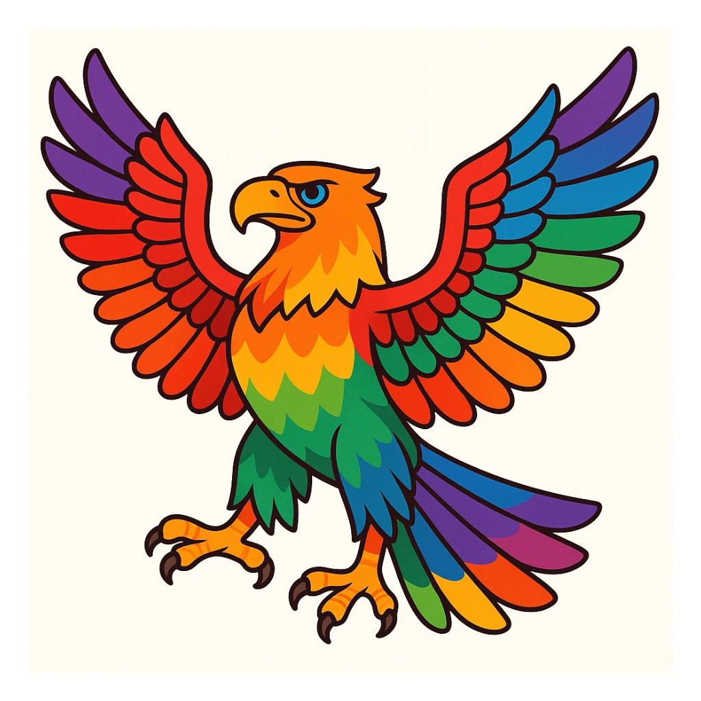 rainbow eagle, vibrant feathers, majestic pose, detailed wings, white background sticker