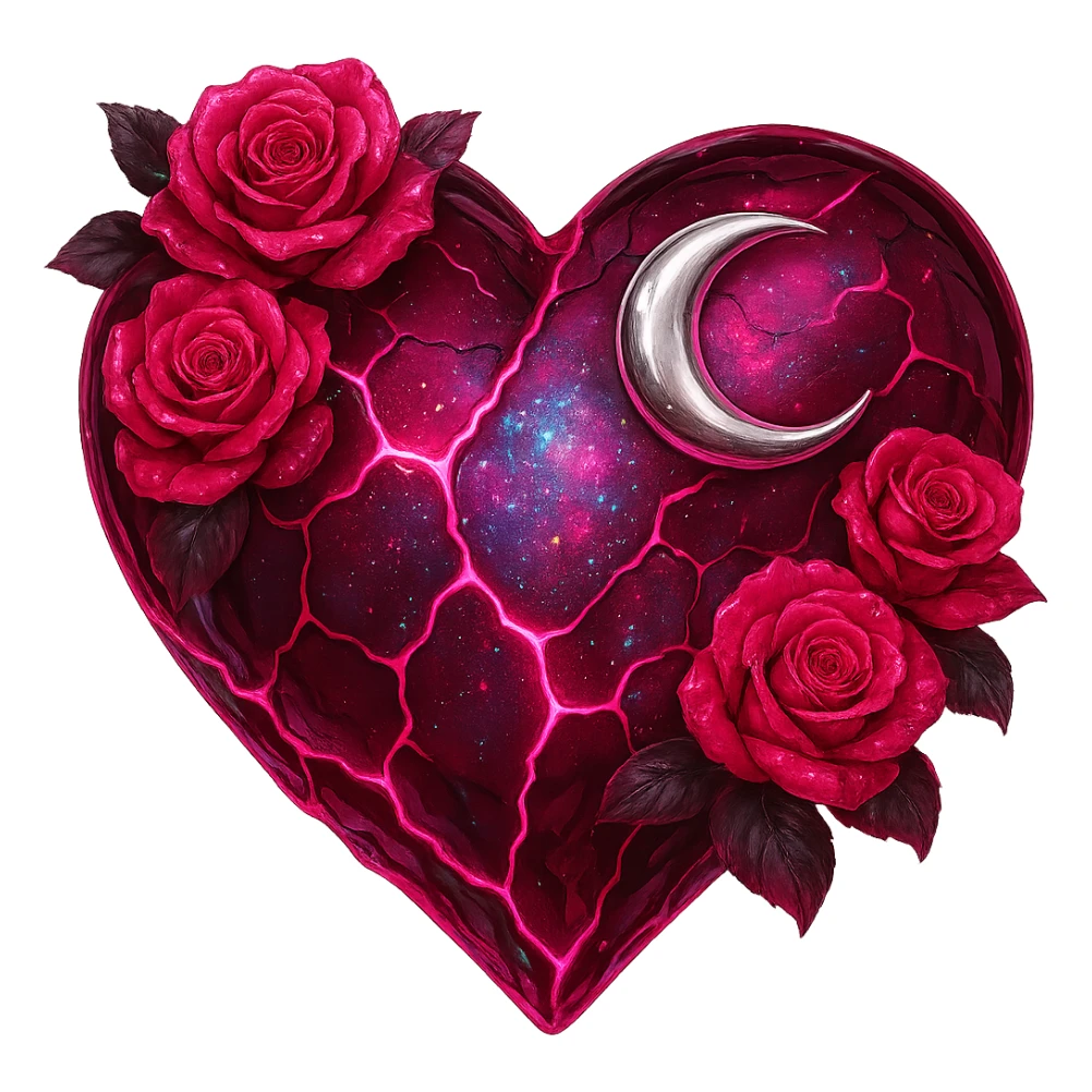 Edit the gothic heart to have cracked deep pink glass, silver crescent moon, pink roses, shimmering holographic stardust, neon lightning accents, and a glossy wet appearance. Keep the background transparent. sticker