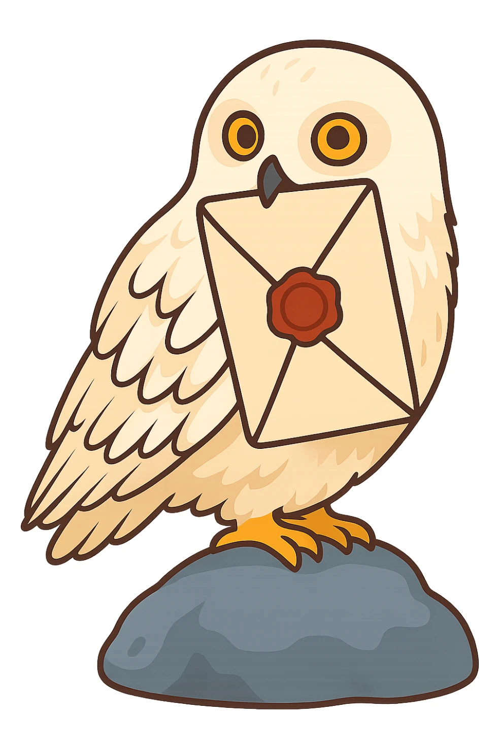 Convert the owl holding the Hogwarts letter in its beak into a hand-drawn vector style with no outlines, clear shadows and highlights. Preserve the shape and details of the owl and the letter as in the reference image, but change the style to a clean vector illustration. No background. sticker