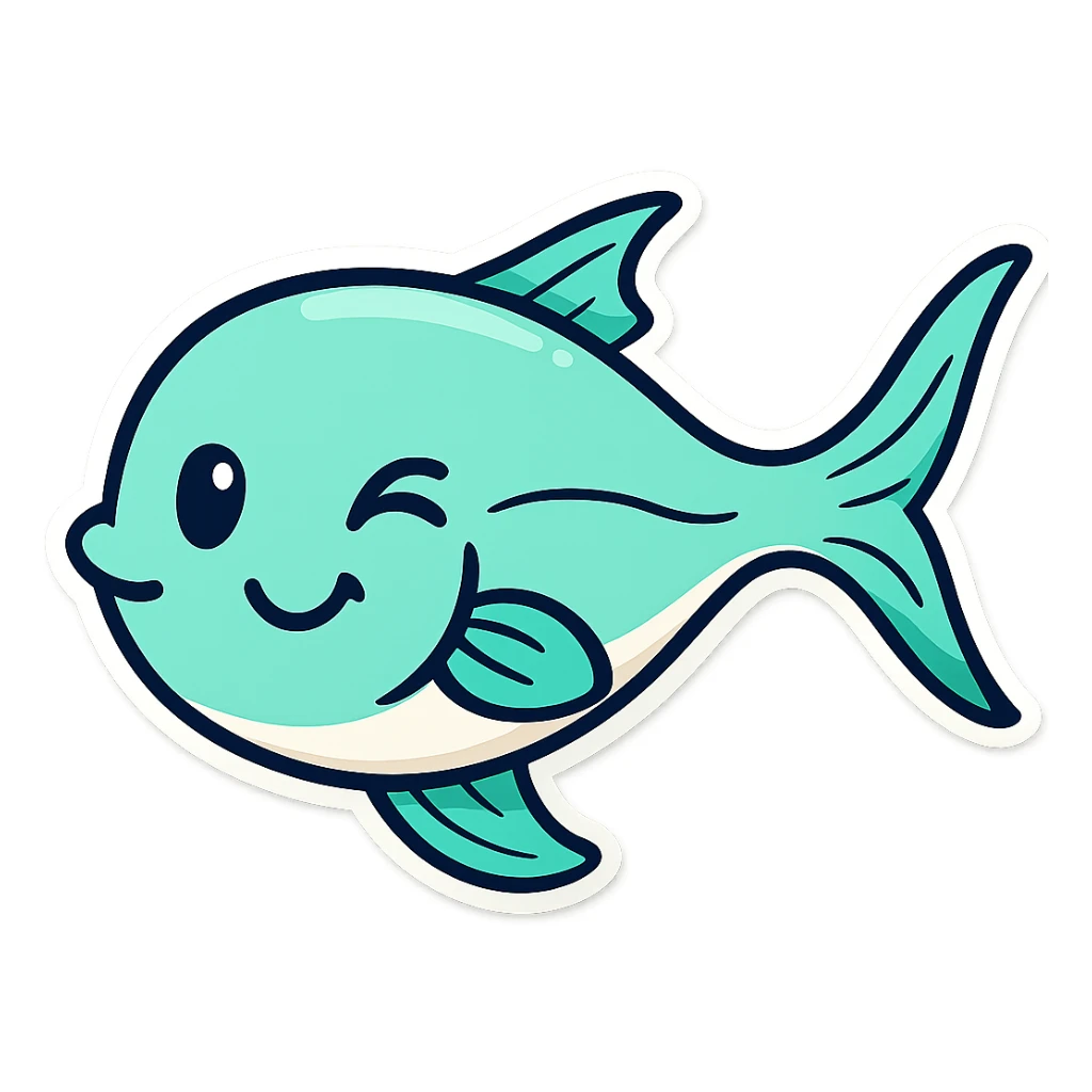 Create a cutesy fish with a winking expression in a cartoonish sticker style. Include one eye closed in a playful wink and a slight smile, keeping the fish adorable and charming. sticker
