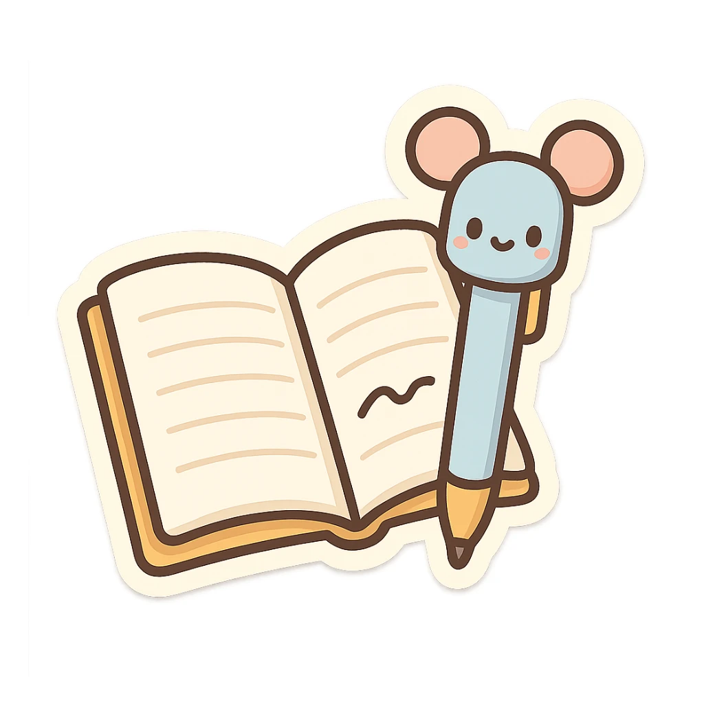 open notebook with a cute pen with ears on the side, chibi stickers style, cartoonish, friendly sticker