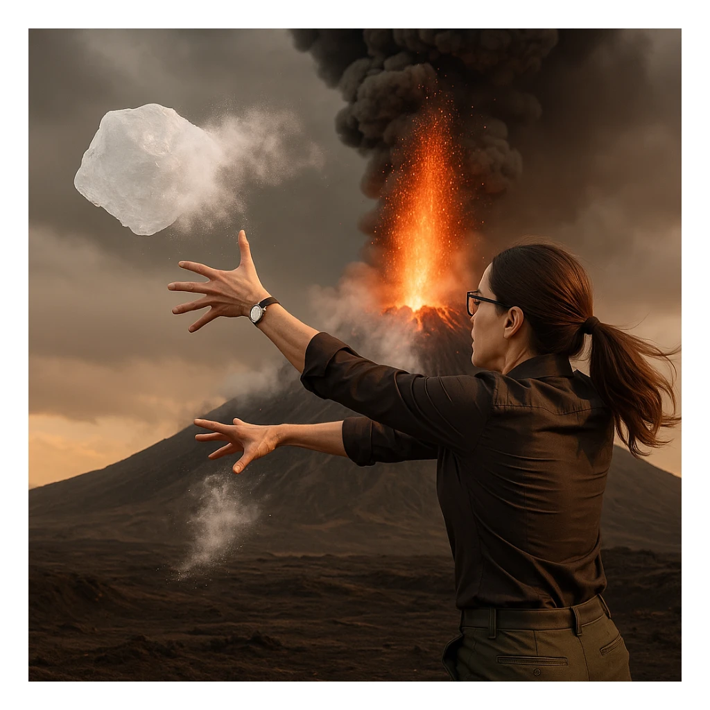 Create a hyperrealistic woman similar to the reference photo, back view, throwing ice onto an active volcano. The ice evaporates immediately with no effect. The expression of effort should be visible in the body language. The scene is symbolic with detailed features. sticker