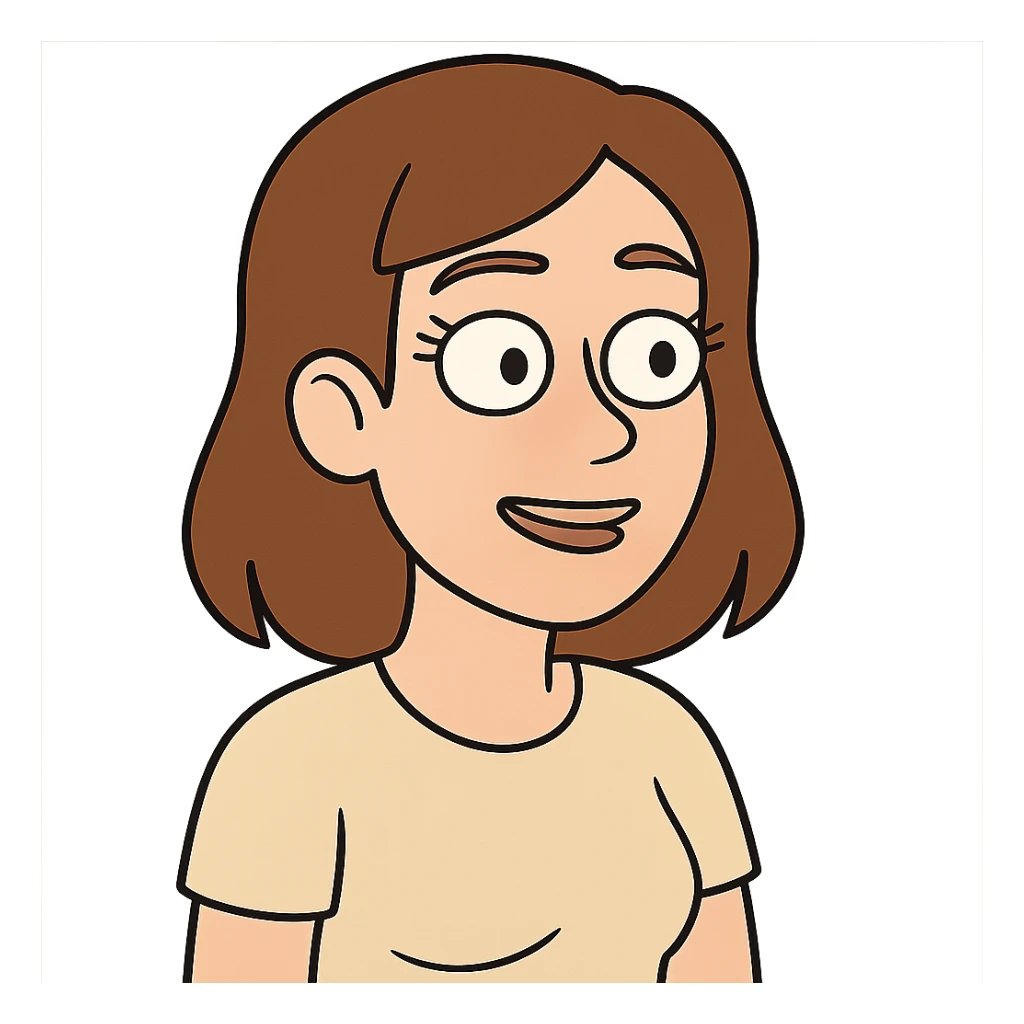 white girl with brown hair, light brown eyes, medium eyelashes, brown eyebrows, medium lips, medium nose in flat toon style sticker
