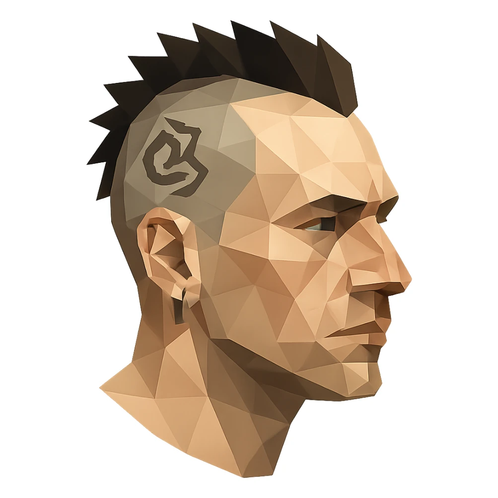 polygonal low-poly style head of a white man with mohawk, earring, and head tattoo sticker