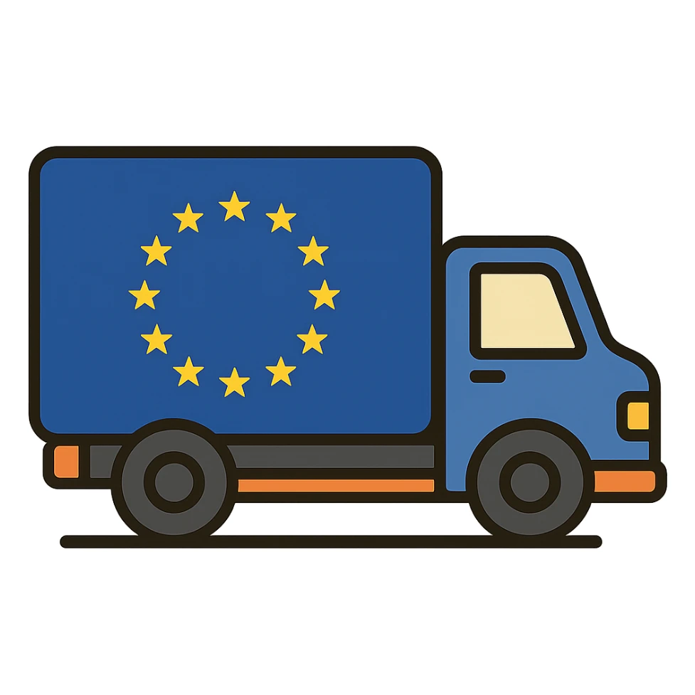 flat toon style cargo truck with EU flag, simple shapes sticker