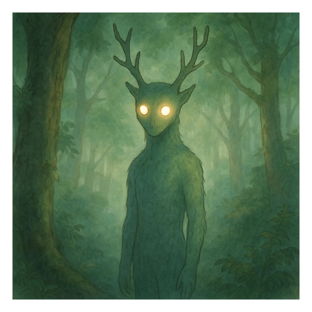 ghibli style forest spirit with glowing eyes, mystical, ethereal, soft lighting sticker